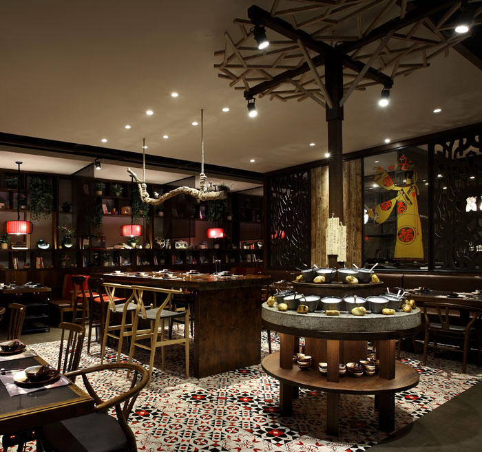 沉穩、古樸、自然、寧靜的火鍋店擺放區域方案設計效果圖