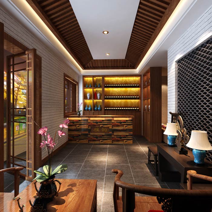 中式茶餐廳進門區裝修設計效果圖