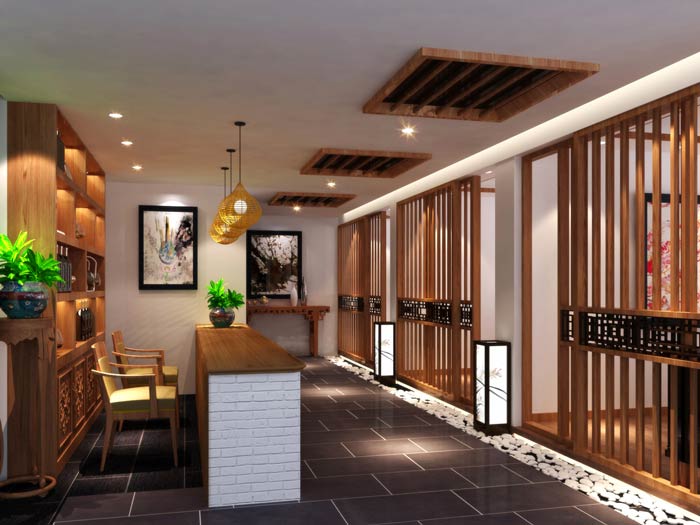 中式茶餐廳引導區裝修設計效果圖