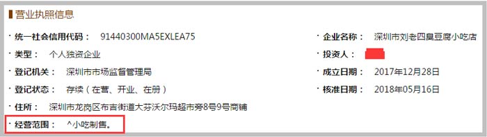 臭豆腐小吃店經(jīng)營(yíng)范圍截圖