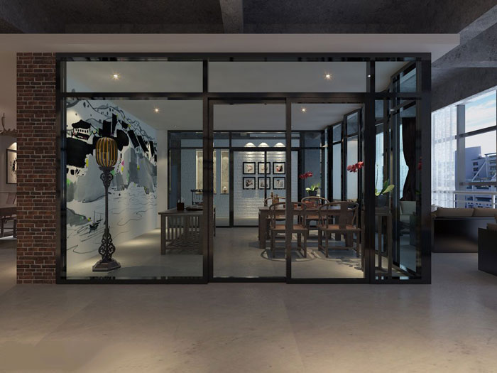 現代中式辦公會所洽談室設計效果圖