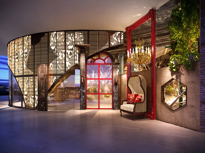 油紙傘主題餐廳進門區裝修設計效果圖